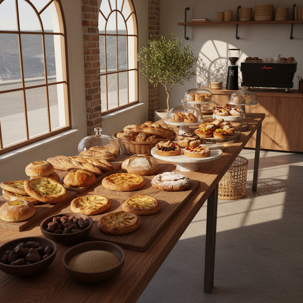 Artisan bakery counter displaying freshly baked breads and pastries