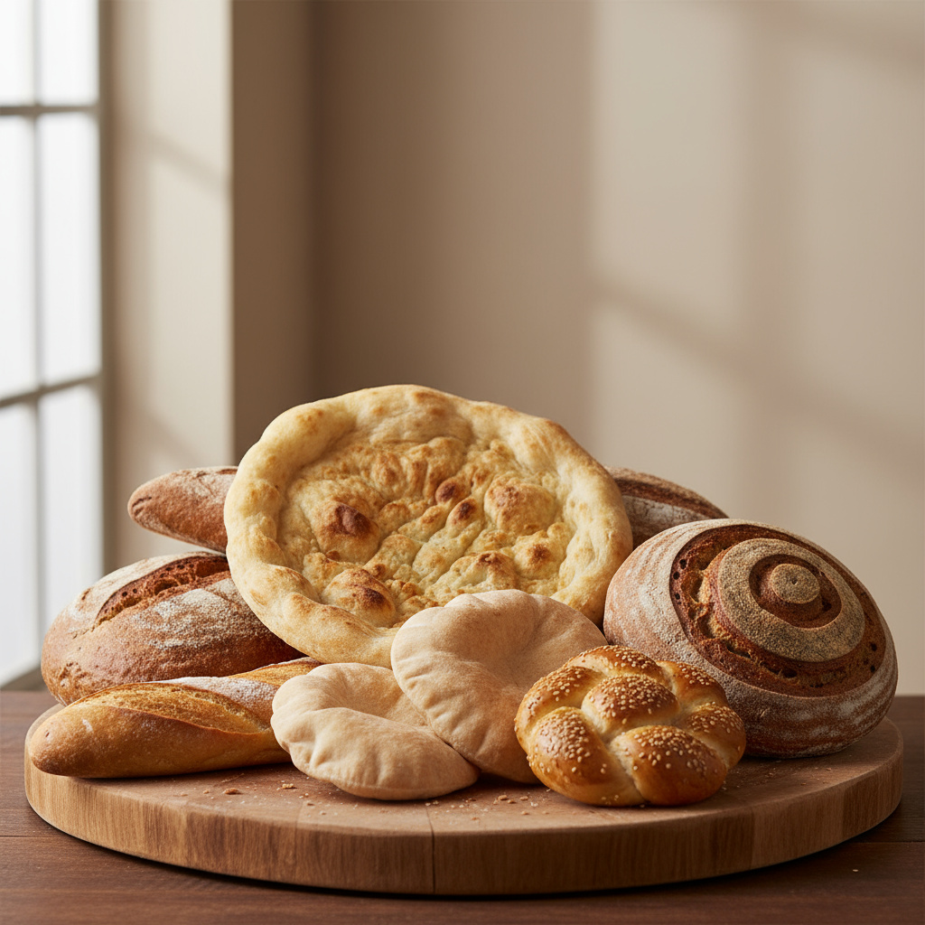 Assorted Arabic and European breads on a wooden board