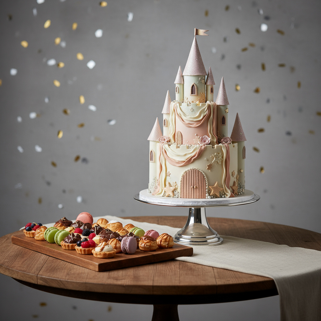 Custom celebration cake with pastry platter